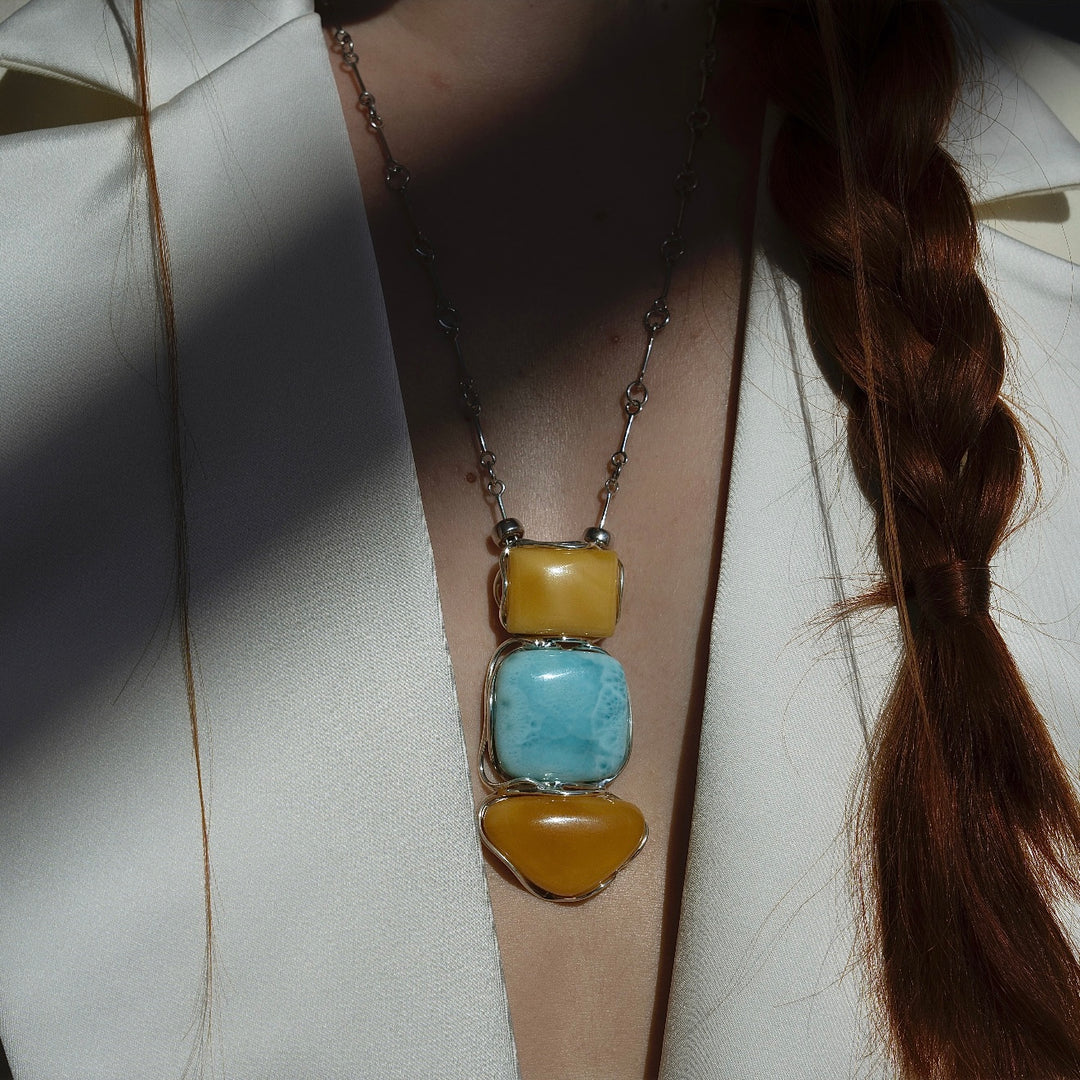 Colier XL Amber Celeste, Larimar si Argint